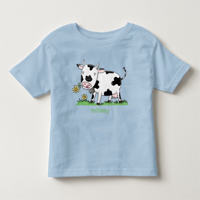 Camiseta Infantil Imagem de desenho animado de uma vaca em verde (Frente)