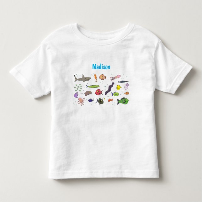 Camiseta Infantil Imagem de desenhos animados de criaturas marinhas  (Frente)