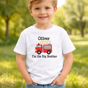 Camiseta Infantil Irmão Mais Velho Caminhão de Bombeiros Vermelho Pe
