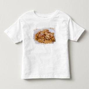 Camiseta Infantil Itália, Positano. Mostra a placa de rigatoni.