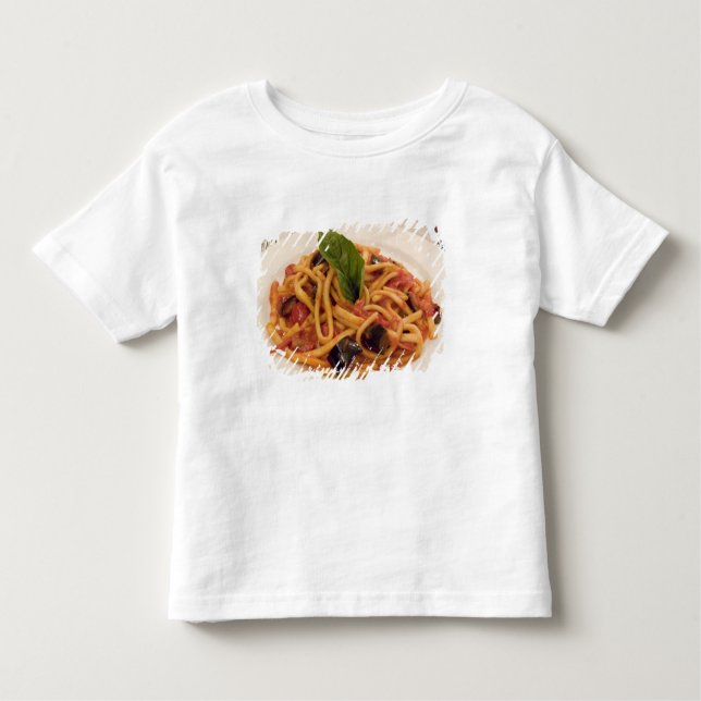 Camiseta Infantil Itália, Positano. Placa de massas e beringelas. (Frente)