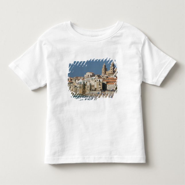 Camiseta Infantil Itália, Sicília, Cefalu, Cidade View com Duomo de (Frente)