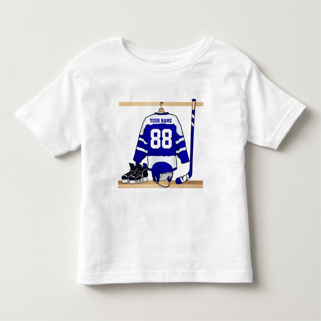 Camiseta Infantil Jersey de Hóquei em Gelo Branco e Azul Personaliza (Frente)