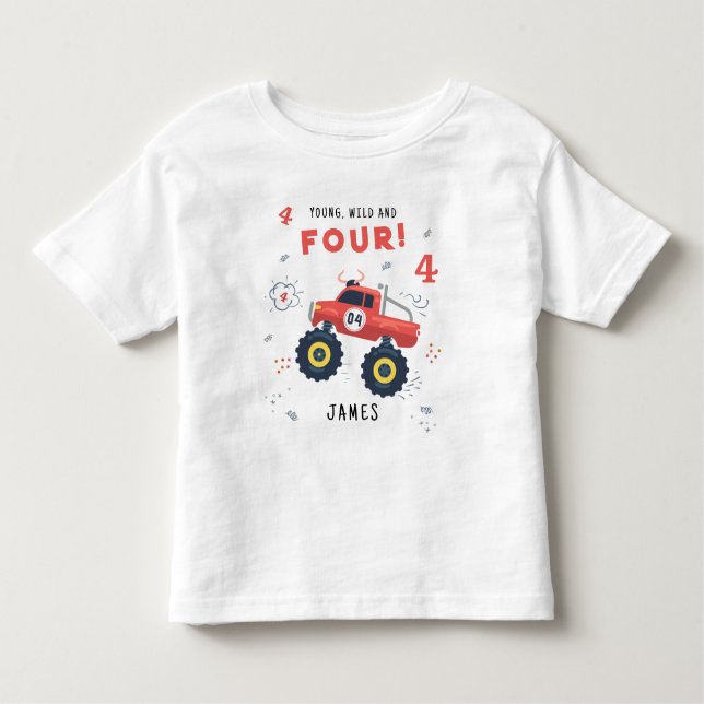 Camiseta Infantil Jovem Selvagem E Quatro 4º Aniversário Carro Monst (Frente)