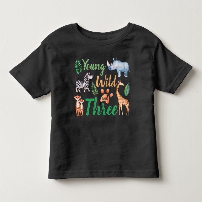 Camiseta Infantil Jovem selvagem e três Safari Animal aniversário de (Frente)