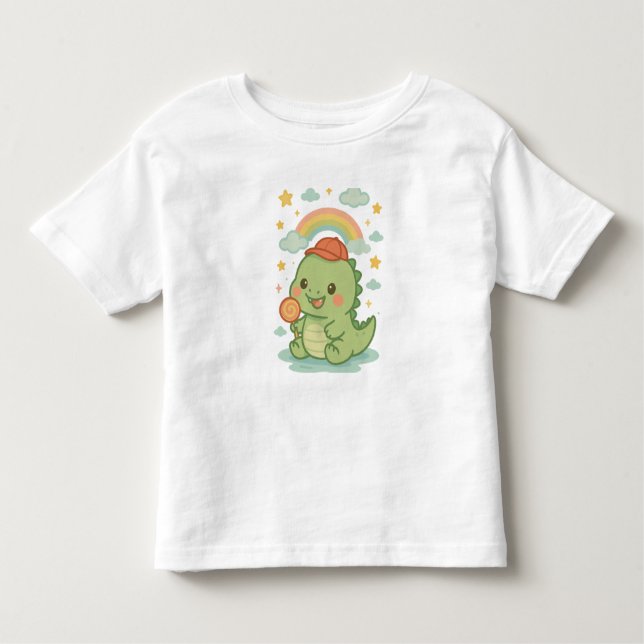 Camiseta Infantil Kawaii Baby Dino with Candy Popsicle 🍭🦖☁️☀️ (Frente)