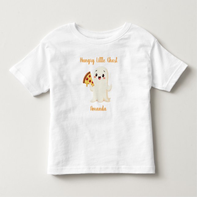 Camiseta Infantil Kawaii Ghost com Pizza. Dia das Bruxas. Personaliz (Frente)
