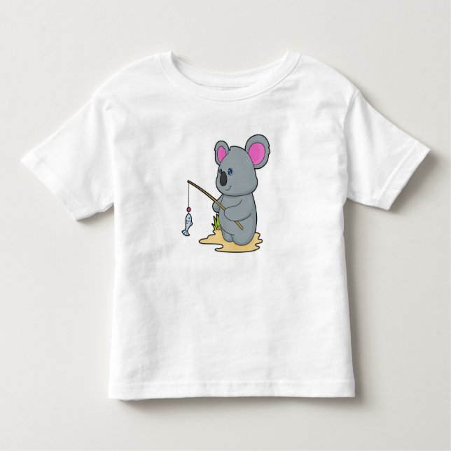 Camiseta Infantil Koala como pescador com cana de pesca e peixe (Frente)