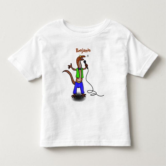 Camiseta Infantil Lagarto engraçado cantando com desenho de microfon (Frente)