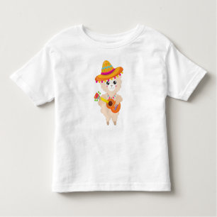 Camiseta Infantil Lama Mexicano, Cute Llama, Sombrero, Violão
