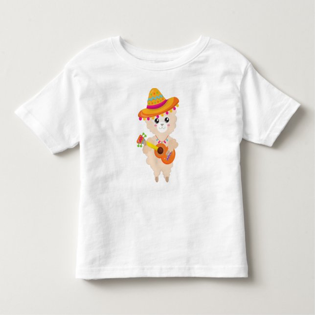 Camiseta Infantil Lama Mexicano, Cute Llama, Sombrero, Violão (Frente)