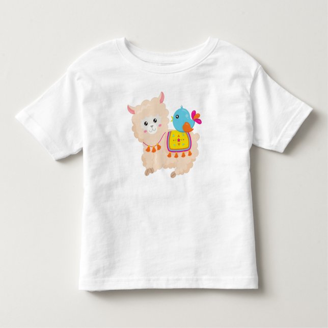Camiseta Infantil Lama Mexicano, Lama Cute, Alpaca Cuta, Pássaro Azu (Frente)