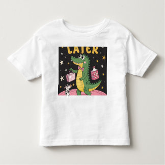 Camiseta Infantil "LATER" - Alligador de desenho retrô com uma Surpr
