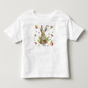 Camiseta Infantil Lebre branca com fundo de maçãs e cogumelos