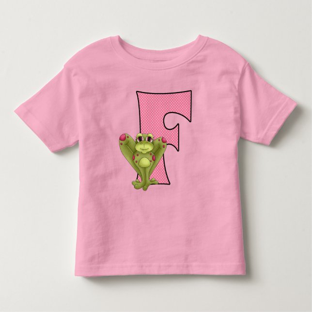 Camiseta Infantil Letra F para Sapo em Bolinhas rosa e verdes (Frente)