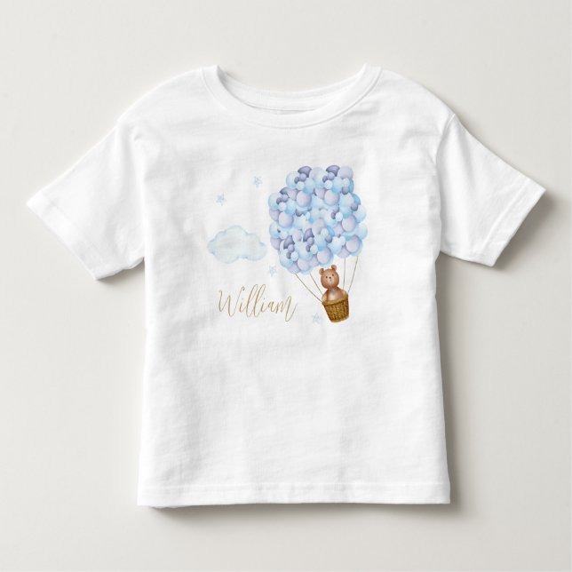Camiseta Infantil Letras Azuis de Urso Teddy com Balões Dourados (Frente)