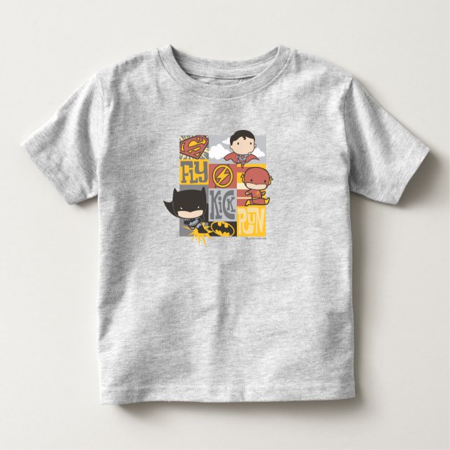 Camiseta Infantil Liga da Justiça Chibi | Voar, Chutar, Correr (Frente)