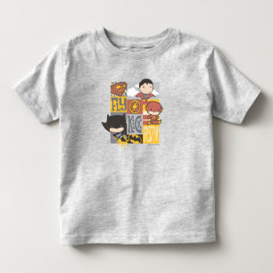 Camiseta Infantil Liga da Justiça de Chibi  Voar, Chutar, Executar