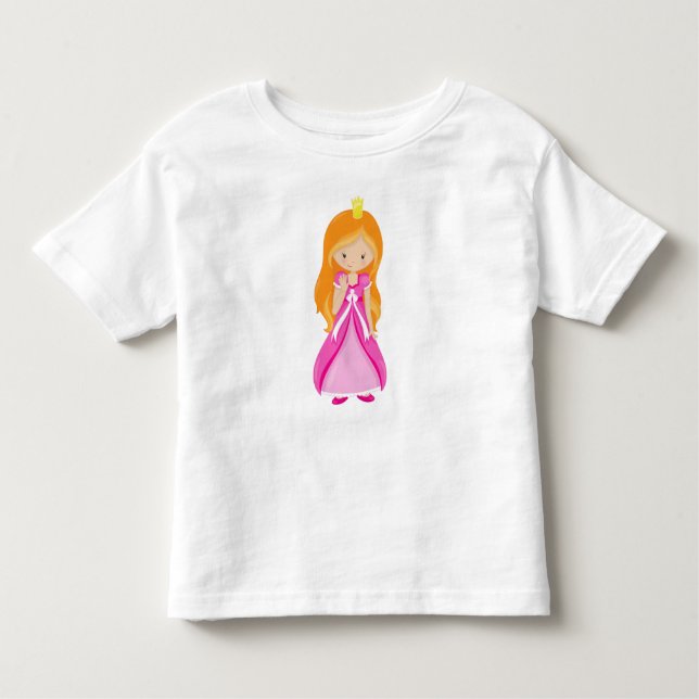 Camiseta Infantil Linda Princesa, Coroa, Cabelo Laranja, Vestido Ros (Frente)