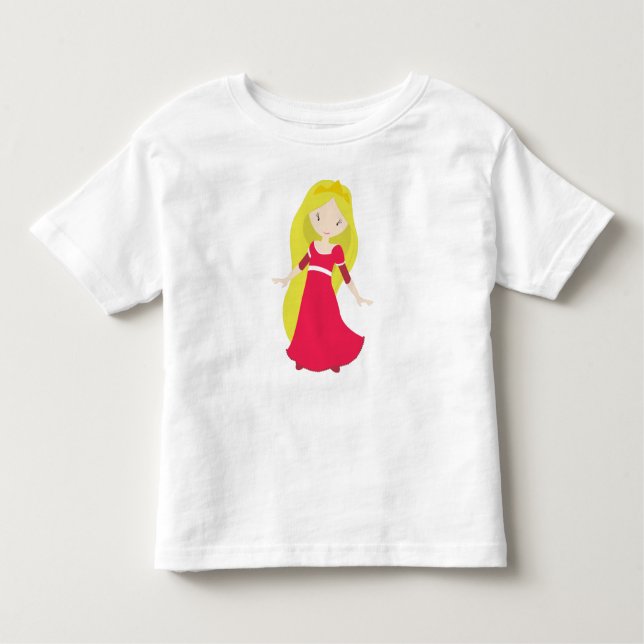 Camiseta Infantil Linda Princesa, Coroa, Cabelo Loiro, Vestido Verme (Frente)