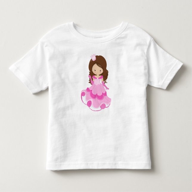 Camiseta Infantil Linda Princesa, Coroa, Vestido Rosa, Cabelo Castan (Frente)