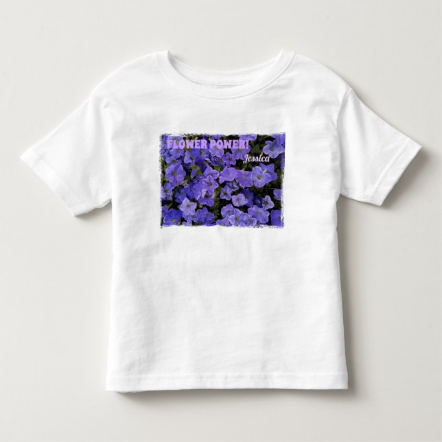 Camiseta Infantil Lindas Petúnias Violeta Azul Poder das Flores (Frente)