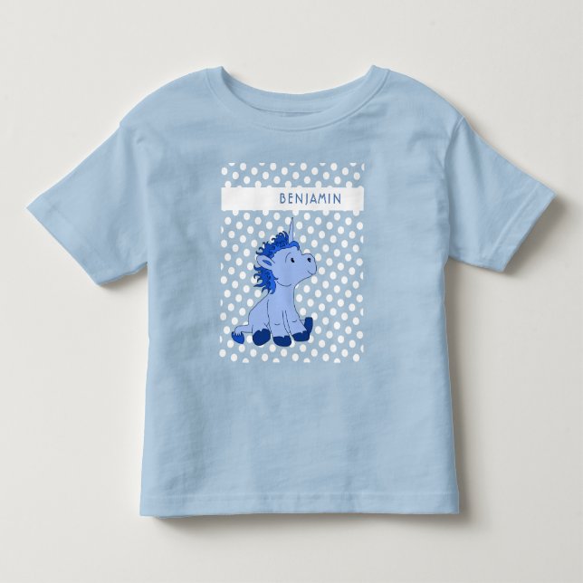 Camiseta Infantil Lindo Unicórnio Azul com Padrão de Bolinhas Nome d (Frente)
