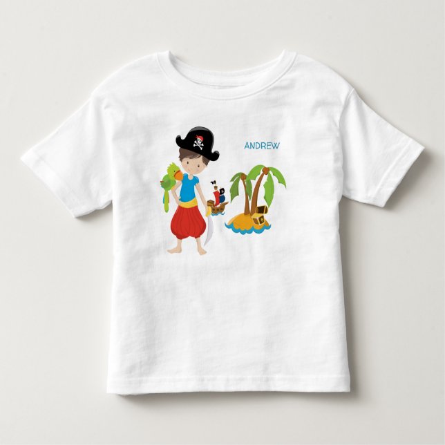 Camiseta Infantil Little Boy Pirate com tesouro e papagaio (Frente)