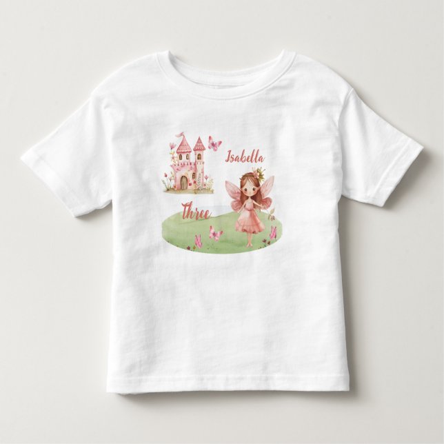 Camiseta Infantil Little Fairy Pink Castle Butterfly Any Age T-Shirt (Frente)