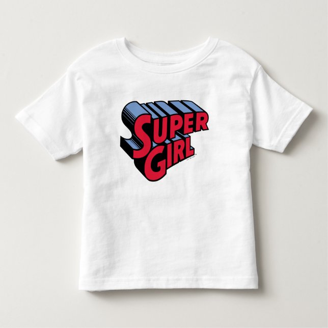 Camiseta Infantil Logotipo de nome empilhado da Supergirl vermelha e (Frente)