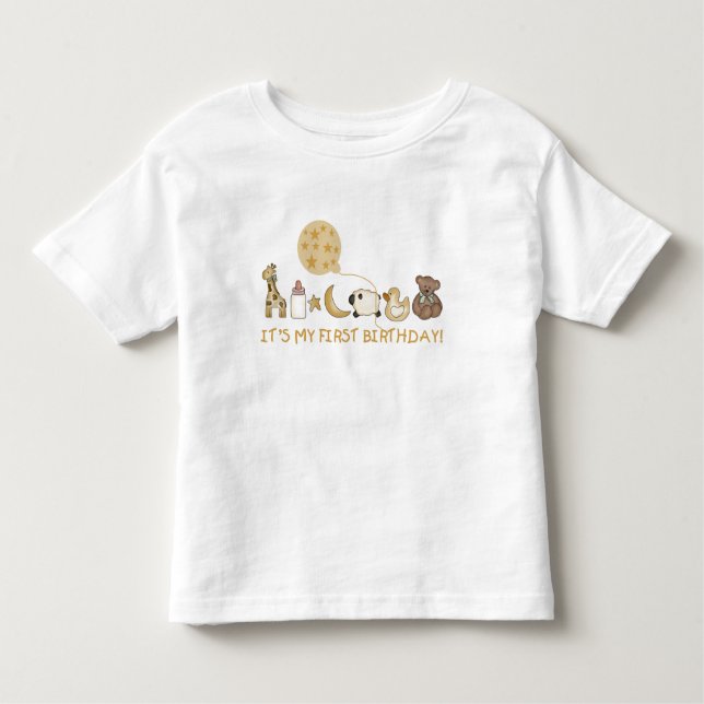 Camiseta Infantil Lua, estrelas e animais Primeiro aniversário (Frente)
