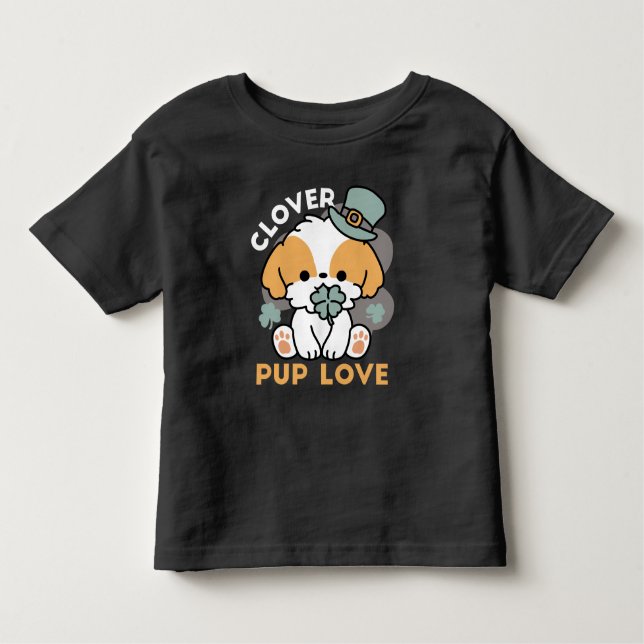 Camiseta Infantil Lucky Pup com Clover - Rua. Presente no Dia de Pat (Frente)