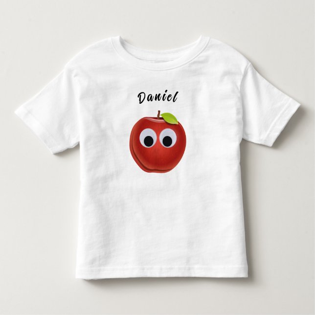 Camiseta Infantil Maçã Vermelha Engraçada com Olhos Googados (Frente)