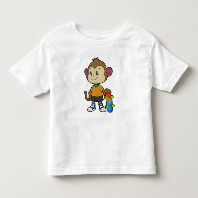 Camiseta Infantil Macaco como skater com skate (Frente)