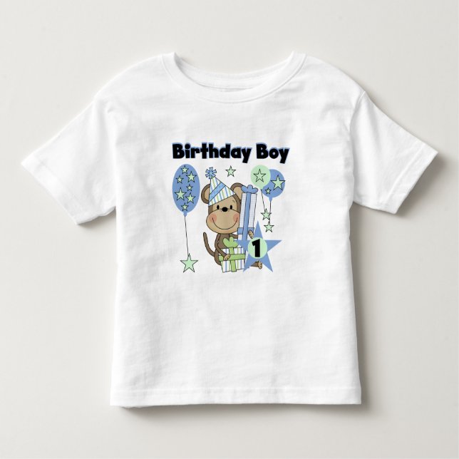 Camiseta Infantil Macaco-Garoto Com primeiro aniversario De Presente (Frente)