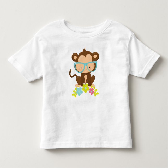 Camiseta Infantil Macaco hipster, Macaco Com Óculos, Flores (Frente)