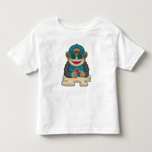 Camiseta Infantil Macaco no Poker com cartões de pôquer e óculos esc (Frente)