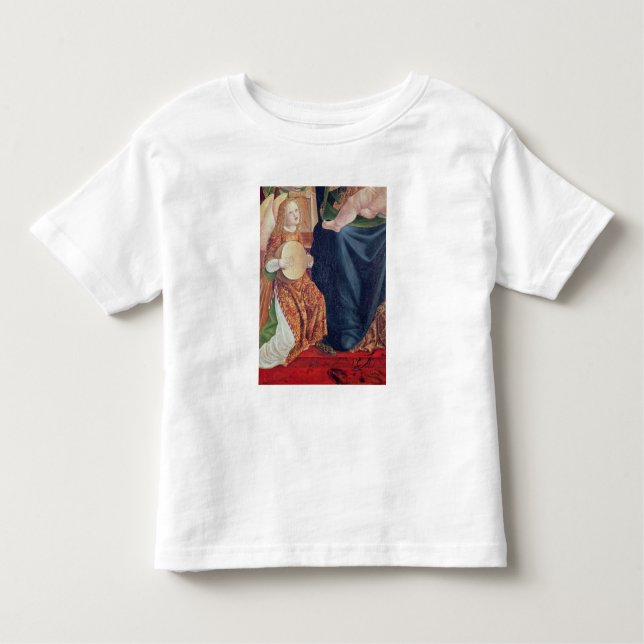 Camiseta Infantil Madonna e criança com músicos do anjo (Frente)