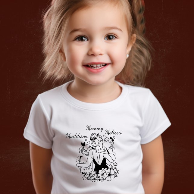 Camiseta Infantil Mãe E Filhas Enfileiram Arte Com Nomes (Criador carregado)