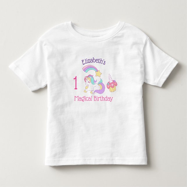 Camiseta Infantil Magnética do Unicórnio Arco-Íris Disparando Estrel (Frente)