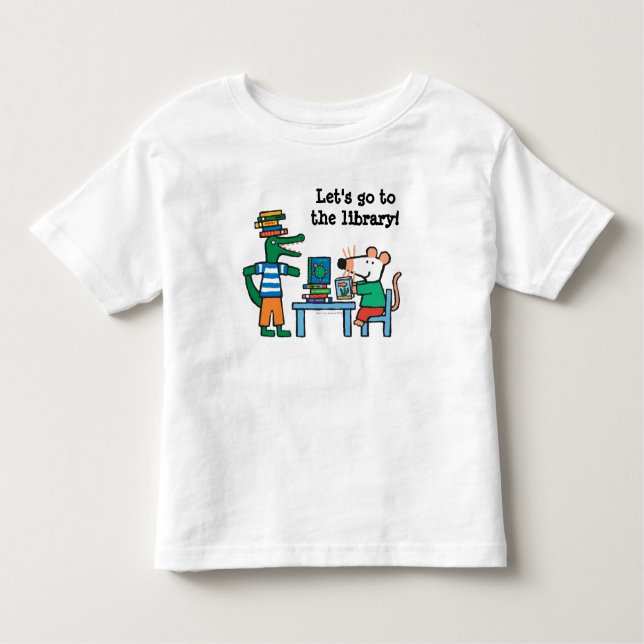 Camiseta Infantil Maisy e os amigos apreciam a biblioteca (Frente)