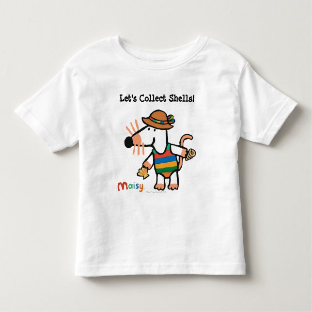 Camiseta Infantil Maisy que recolhe escudos na praia (Frente)