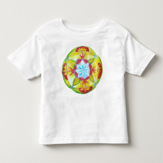 Camiseta Infantil Mandala, pintado com a mão redonda amarela Mandala (Frente)