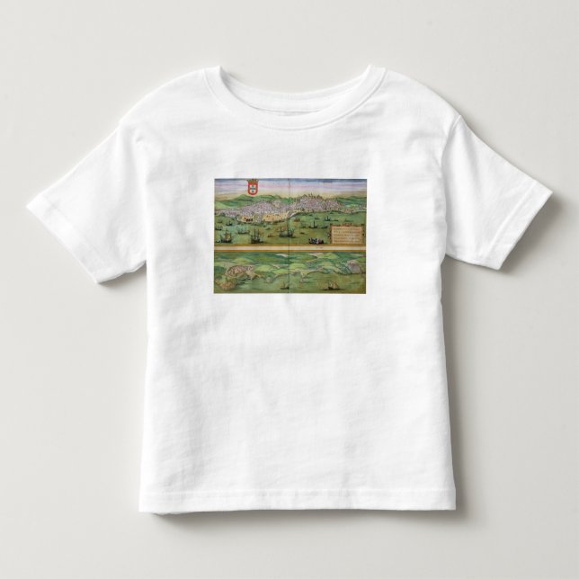Camiseta Infantil Mapa de Lisboa, e Cascais, 'de Civitates Orbis (Frente)