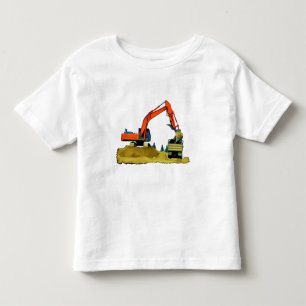 Camiseta Infantil Máquina escavadora alaranjada e camião basculant
