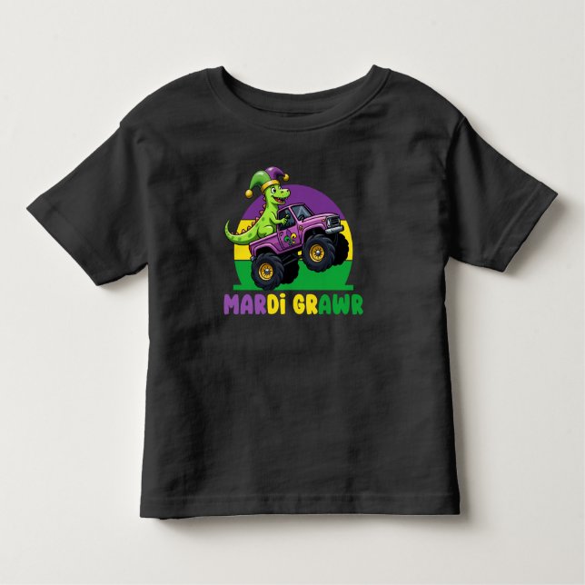 Camiseta Infantil Mardi Grawr Monster Truck Dinossaur Mardi Gras (Frente)