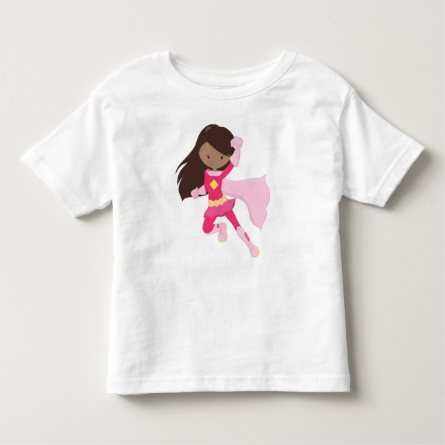 Camiseta Infantil Menina Afro-Americana, Menina Super-Herói, Cape Ve (Frente)