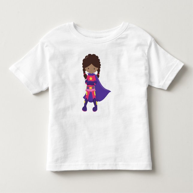 Camiseta Infantil Menina Afro-Americana, Menina Super-Heroína, Cape (Frente)
