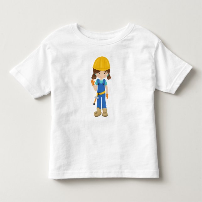 Camiseta Infantil Menina da Construção, Cabelo Castanho, Menina Boni (Frente)