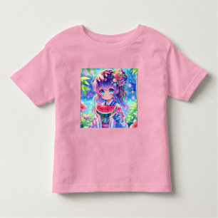 Camiseta Infantil Menina de animação bonita comendo melancia no dia 